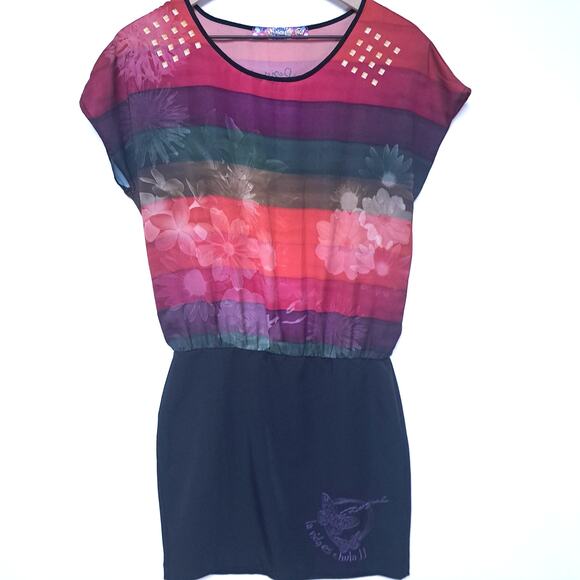 Desigual la vida es chula Dress Embroidered Striped Blouson 40 Large 10 - Picture 1 of 7